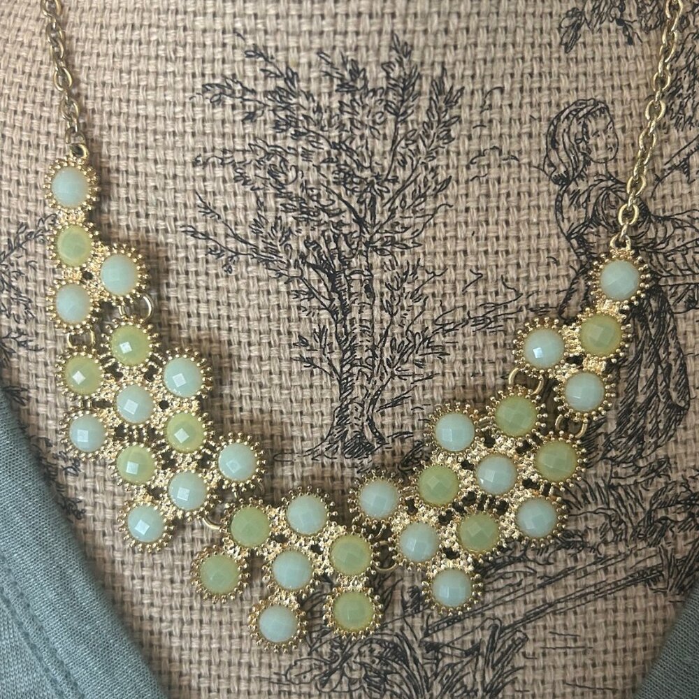 Stunning & Unique gold tone pale green/blue bib statement necklace circle shape
